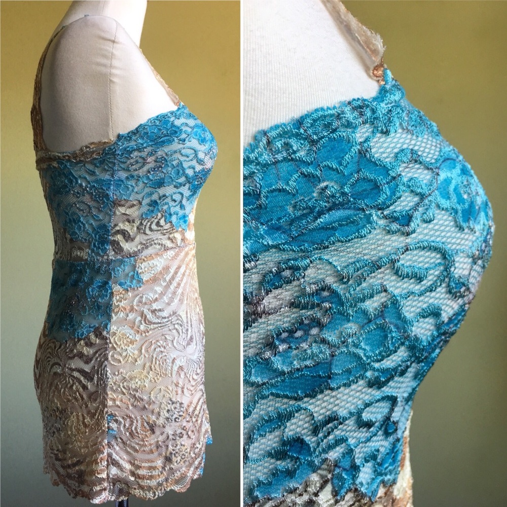 Bronze Tan Blue Floral Lace Camisole Tank Top - Picture 2 of 4